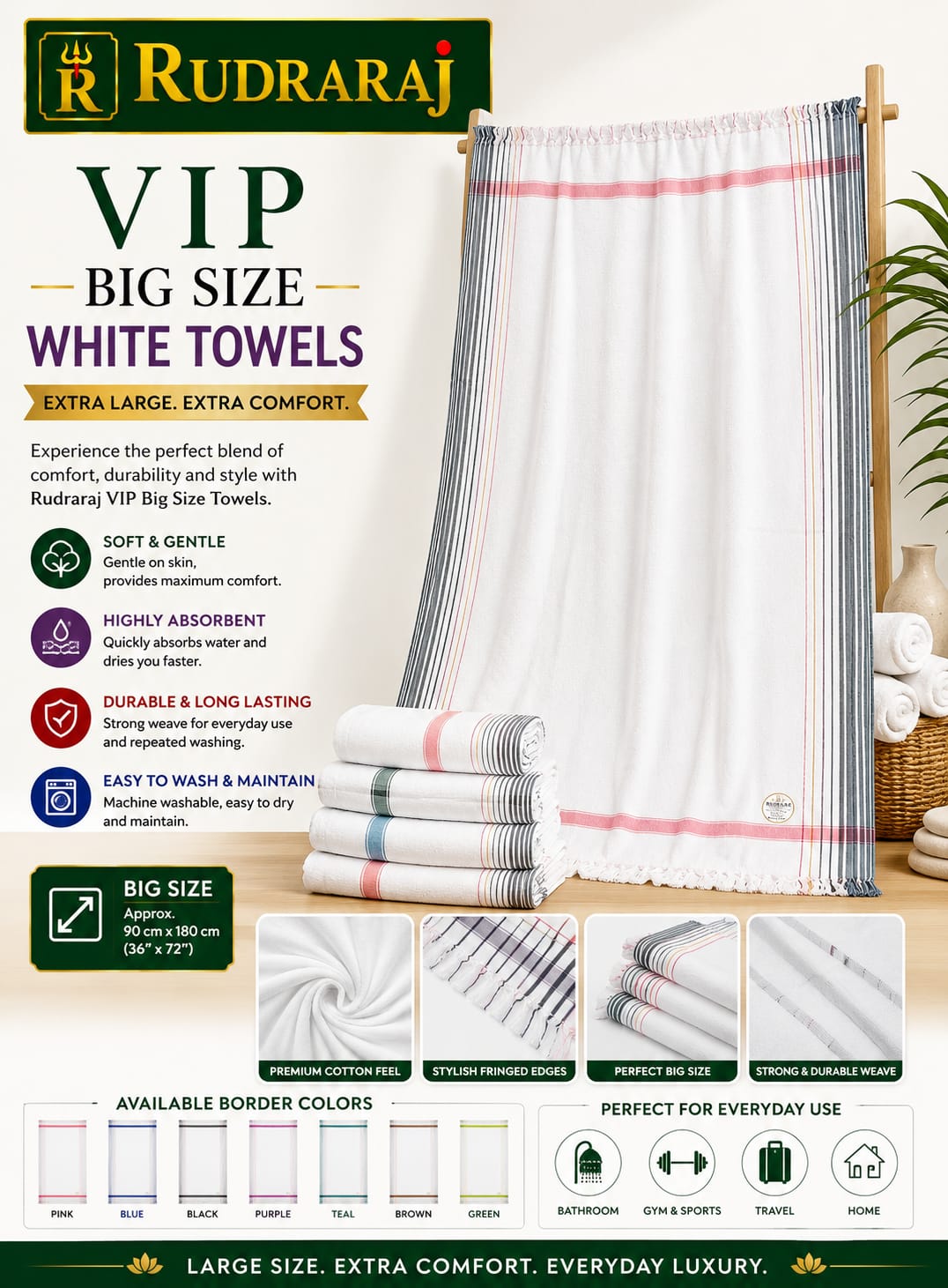VIP Big Size White Towels (Pack of 6)