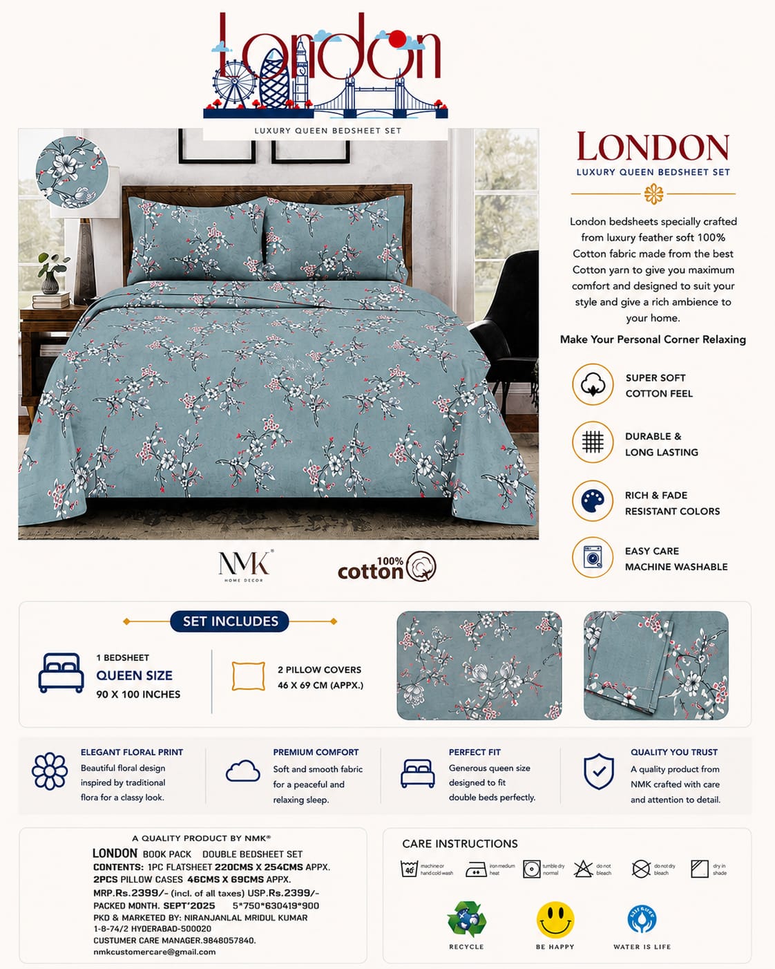 London Luxury Queen Size Bedsheet Set