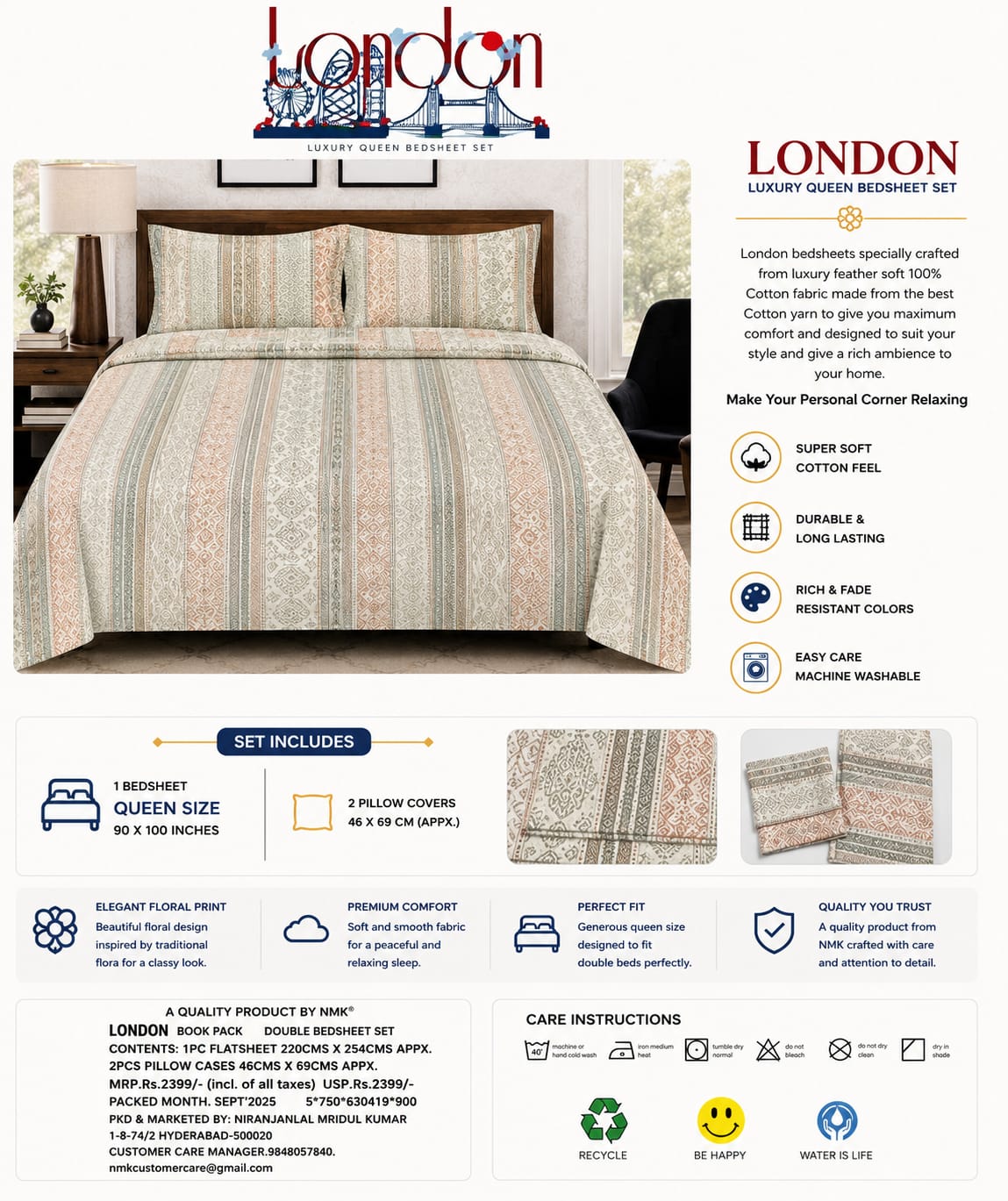 London Luxury Queen Size Bedsheet Set