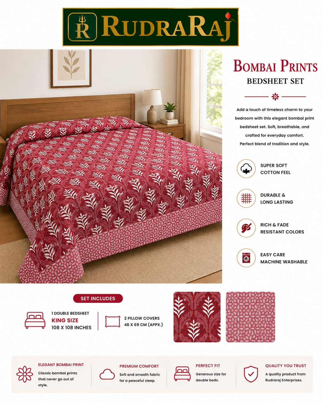 Premium Cotton Bombay Print King Size Bedsheet Set