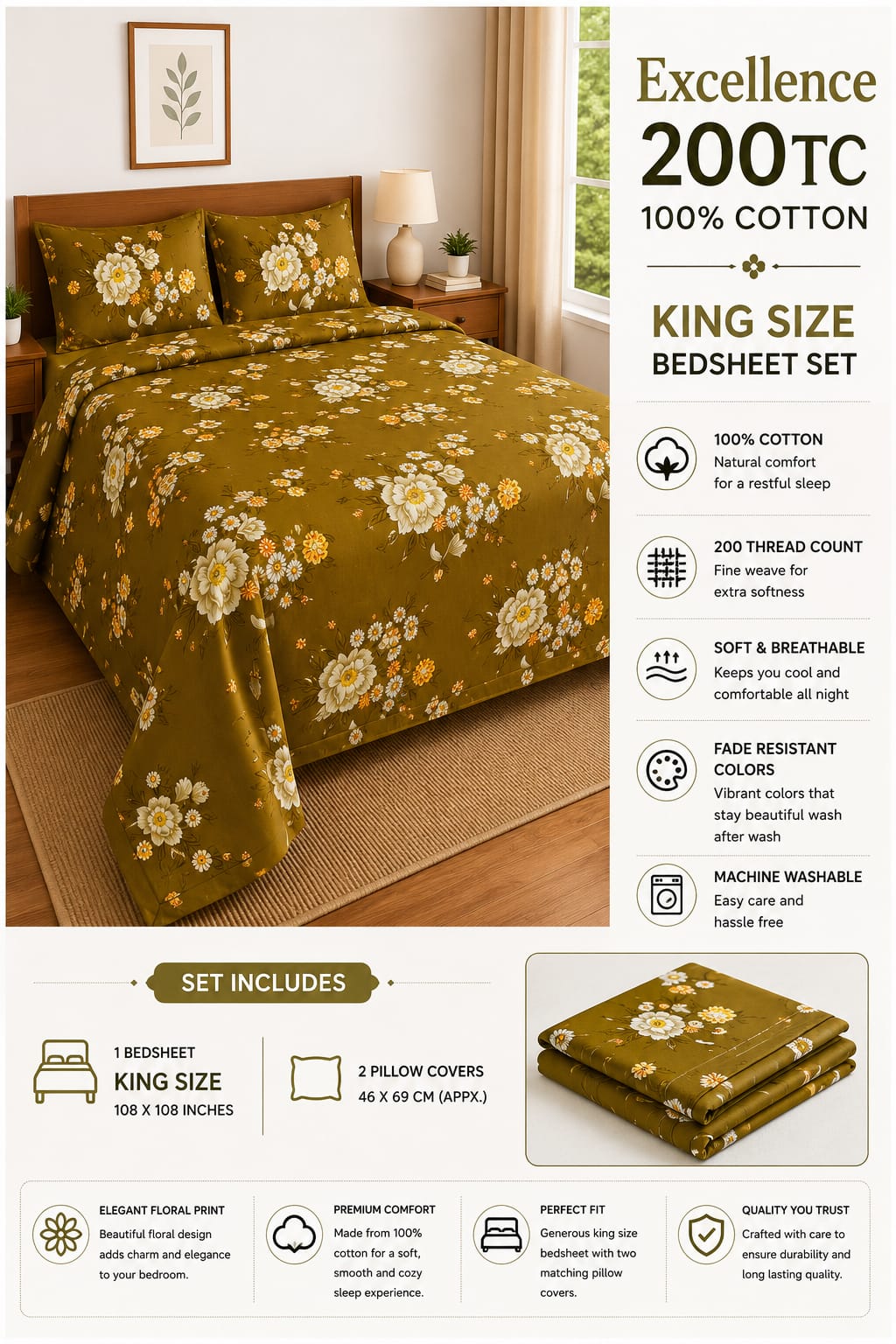 Excellence 200 TC Premium 100% Cotton King Size Bedsheet Set