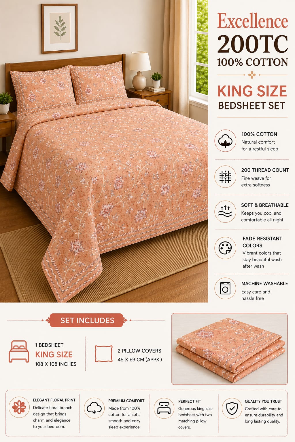 Excellence 200 TC Premium 100% Cotton King Size Bedsheet Set