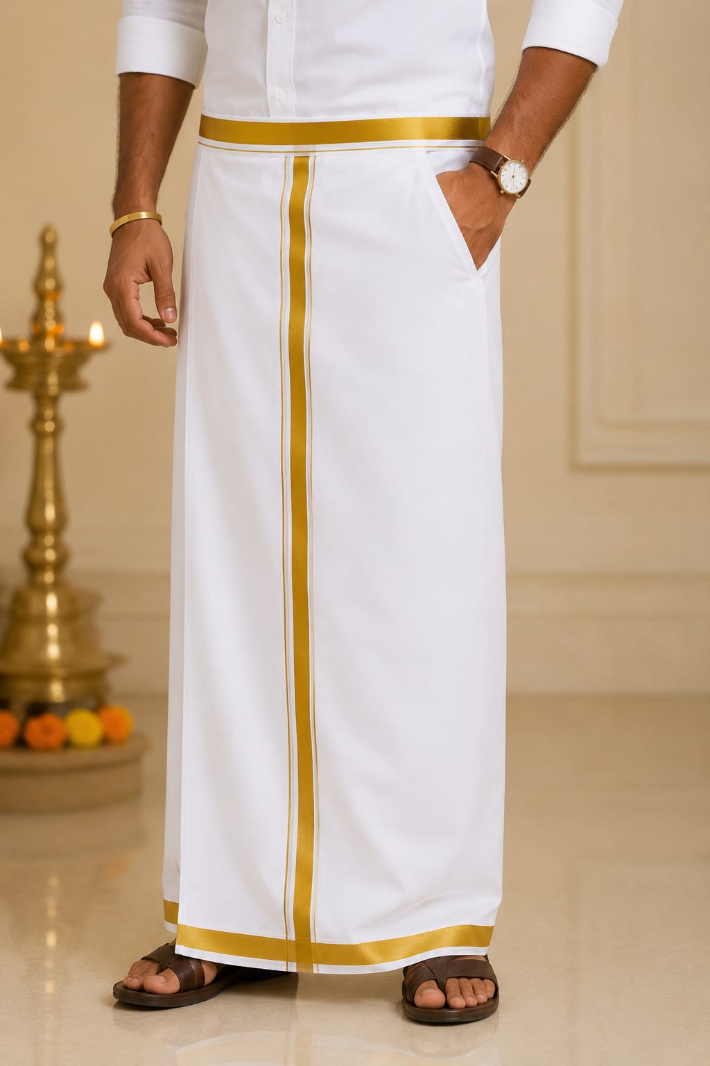 Readymade White Pancha with Pocket & Angavasthram Set