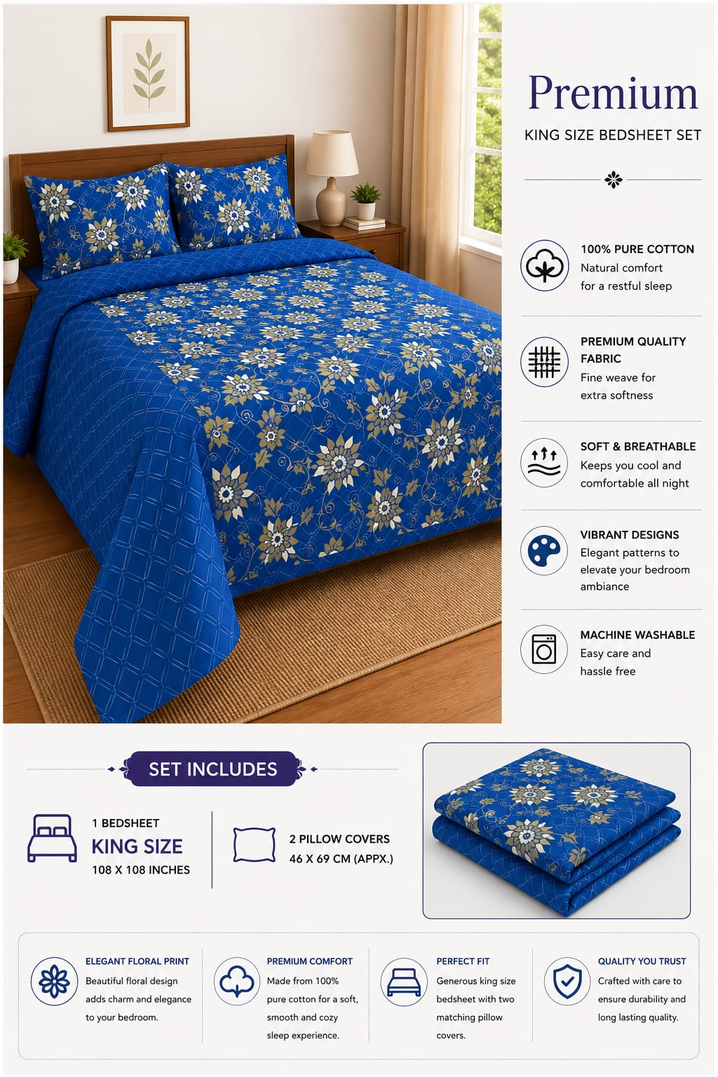 Premium 100% Cotton King Size Bedsheet Set