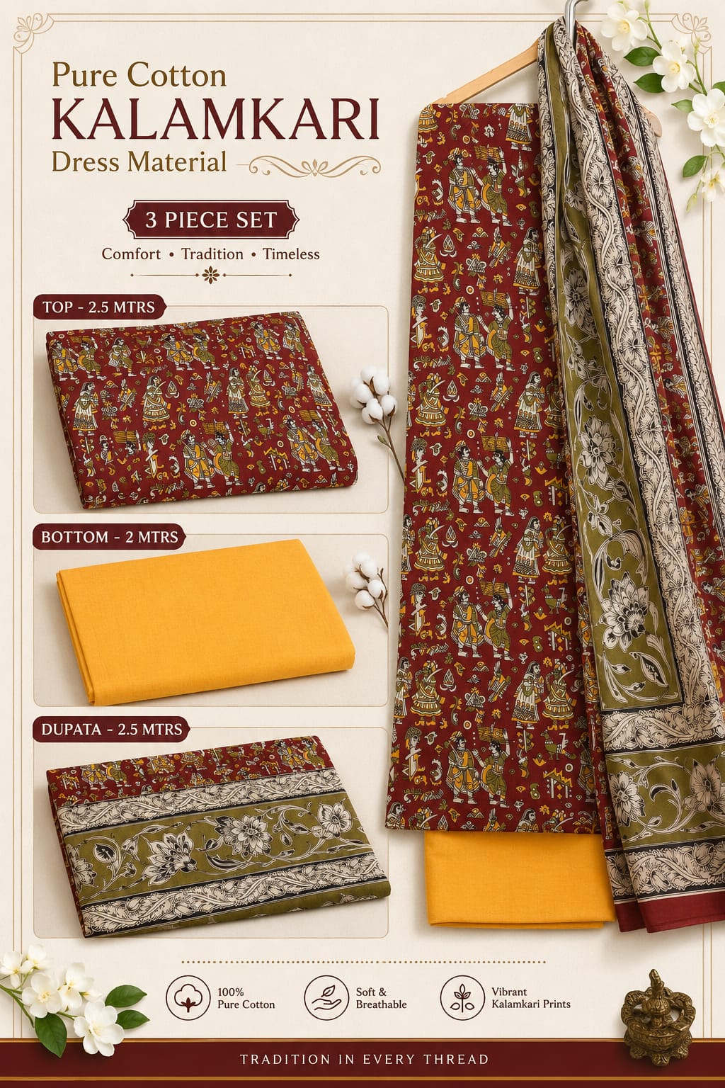3 PCS PURE COTTON KALAMKARI DRESS MATERIAL