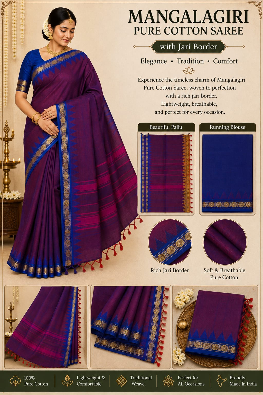 Mangalagiri Pure Cotton Saree with Rich Jari Border
