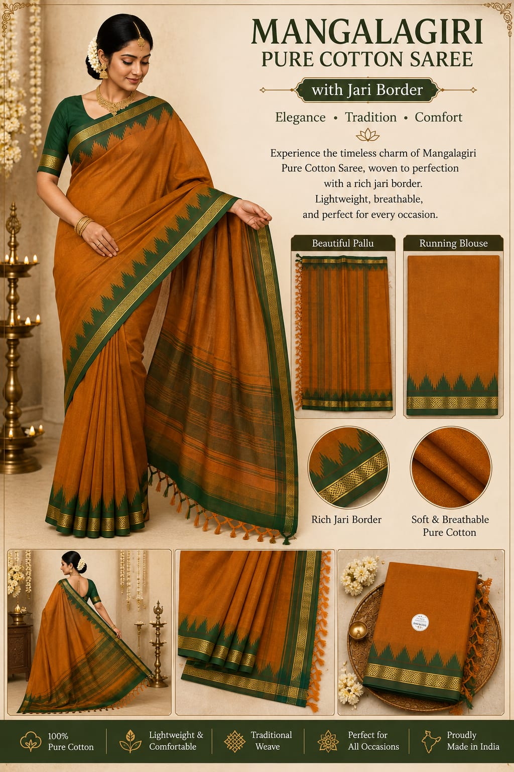 Mangalagiri Pure Cotton Saree with Rich Jari Border