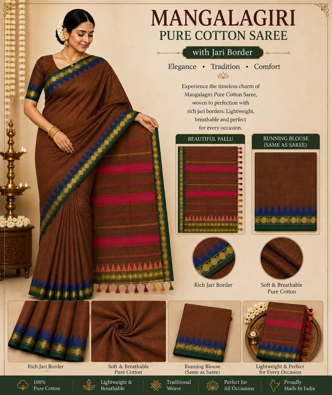 Mangalagiri Pure Cotton Saree with Rich Jari Border