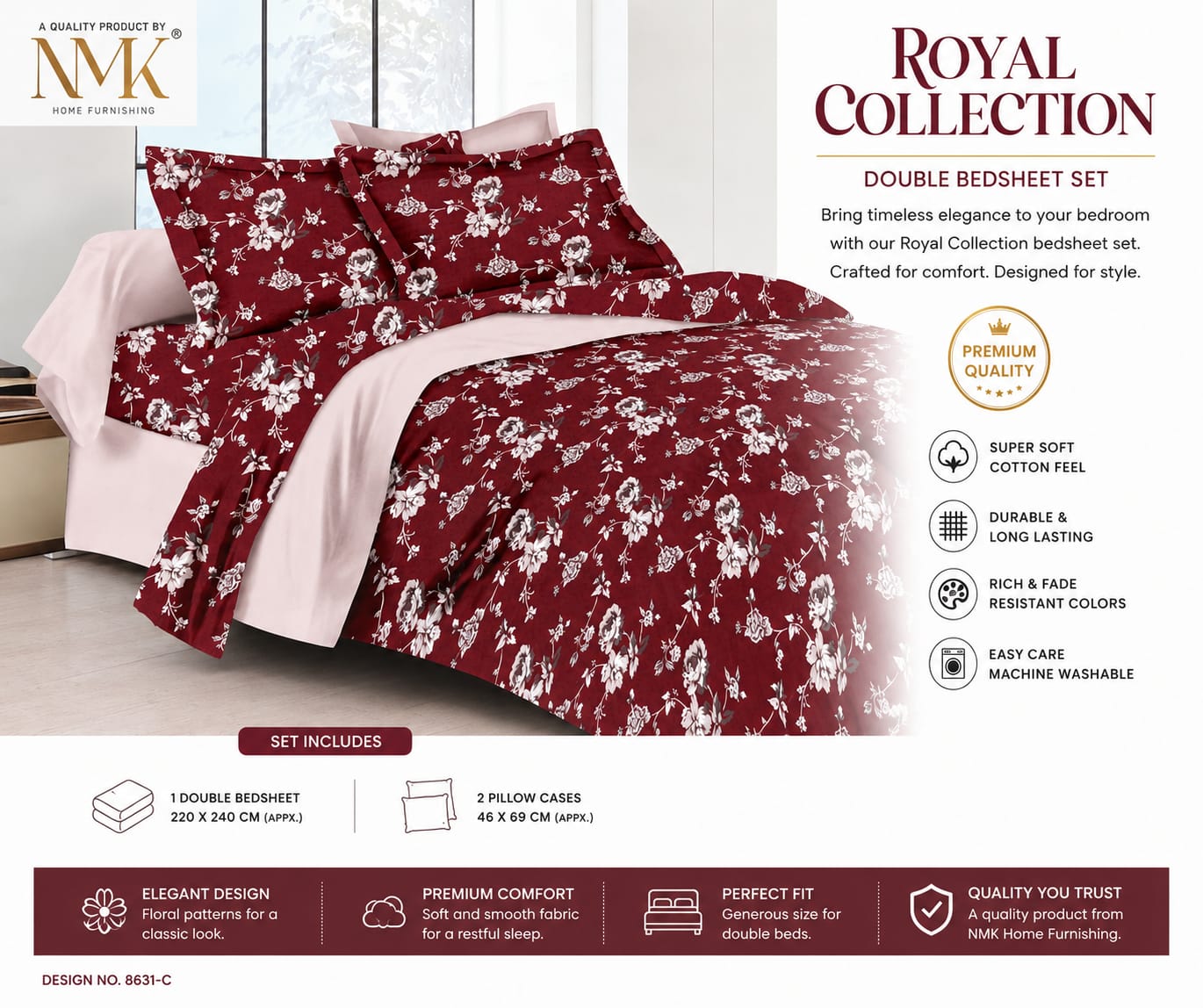 Royal Collections Premium 100% Cotton King Size Bedsheet Set
