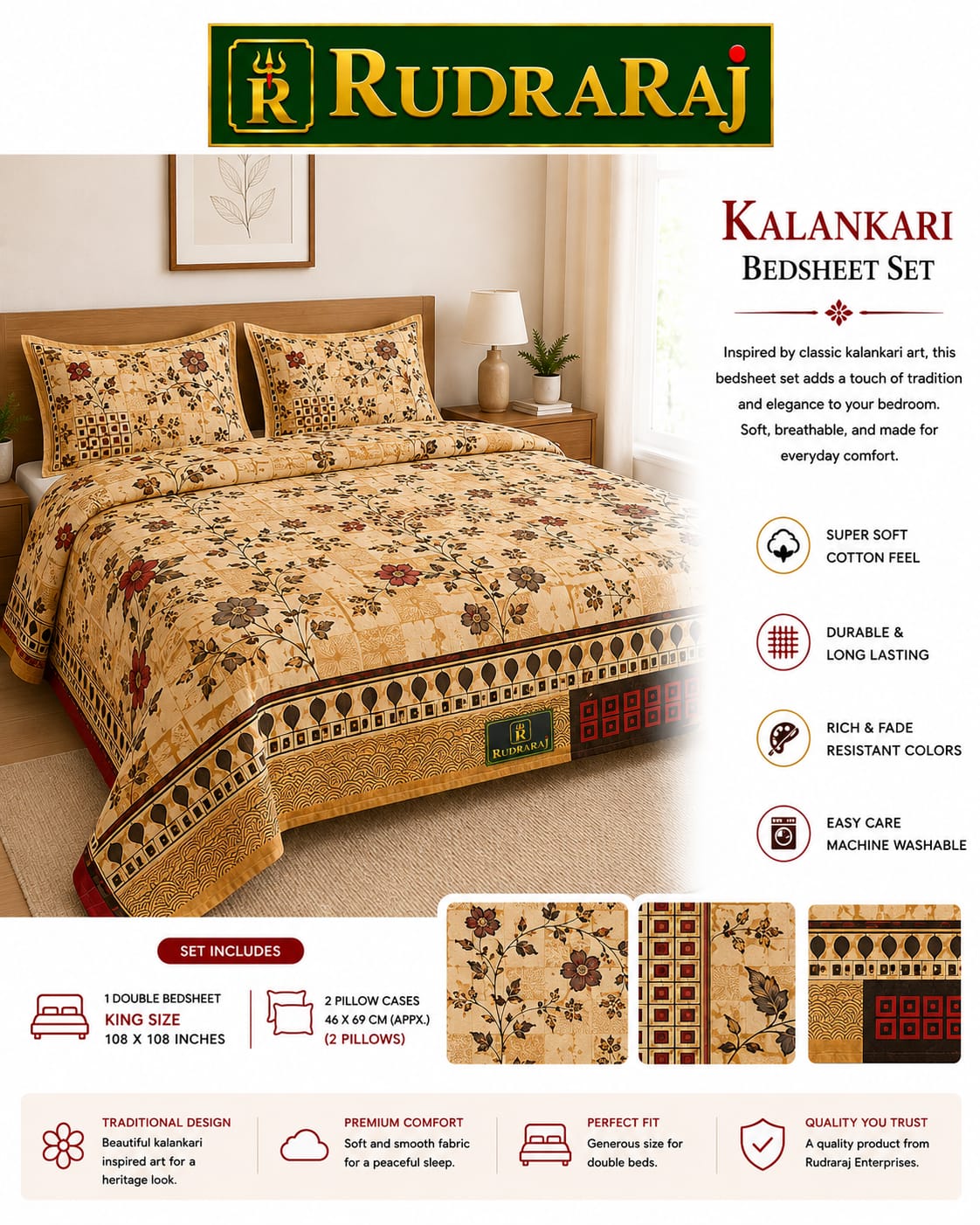 Premium Cotton Kalamkari King Size Bedsheet Set
