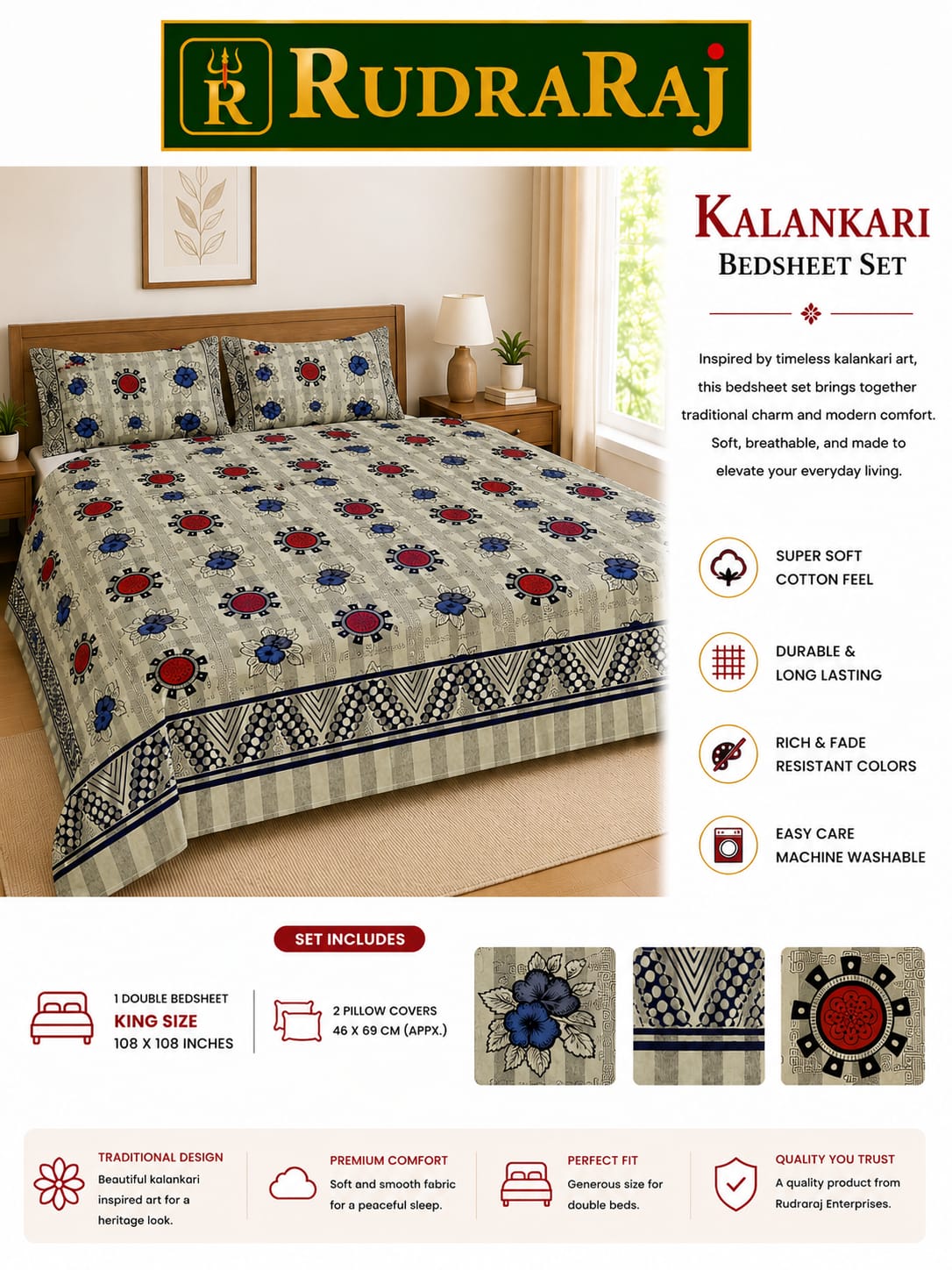 Premium Cotton Kalamkari King Size Bedsheet Set