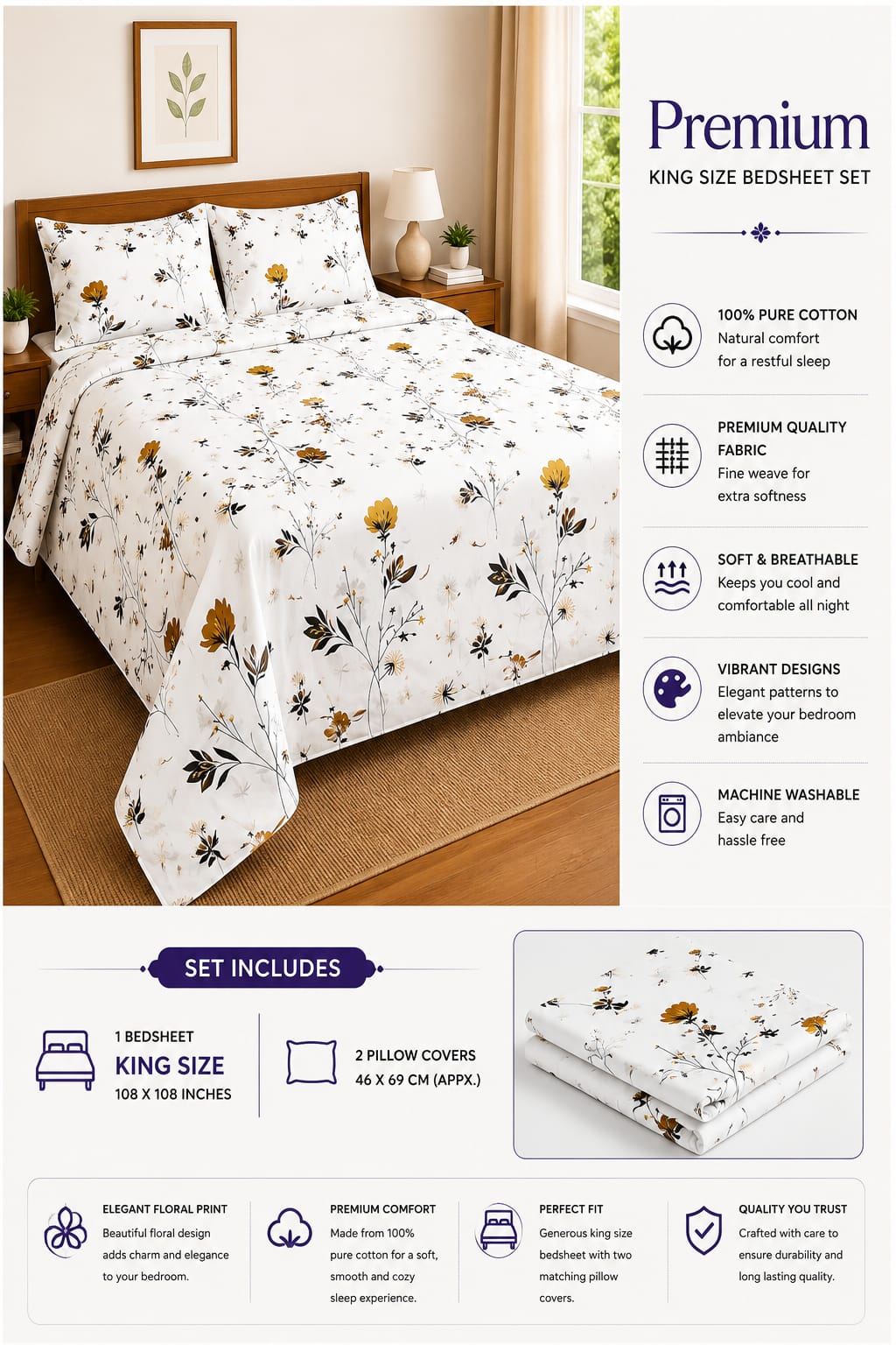 Premium 100% Cotton King Size Bedsheet Set