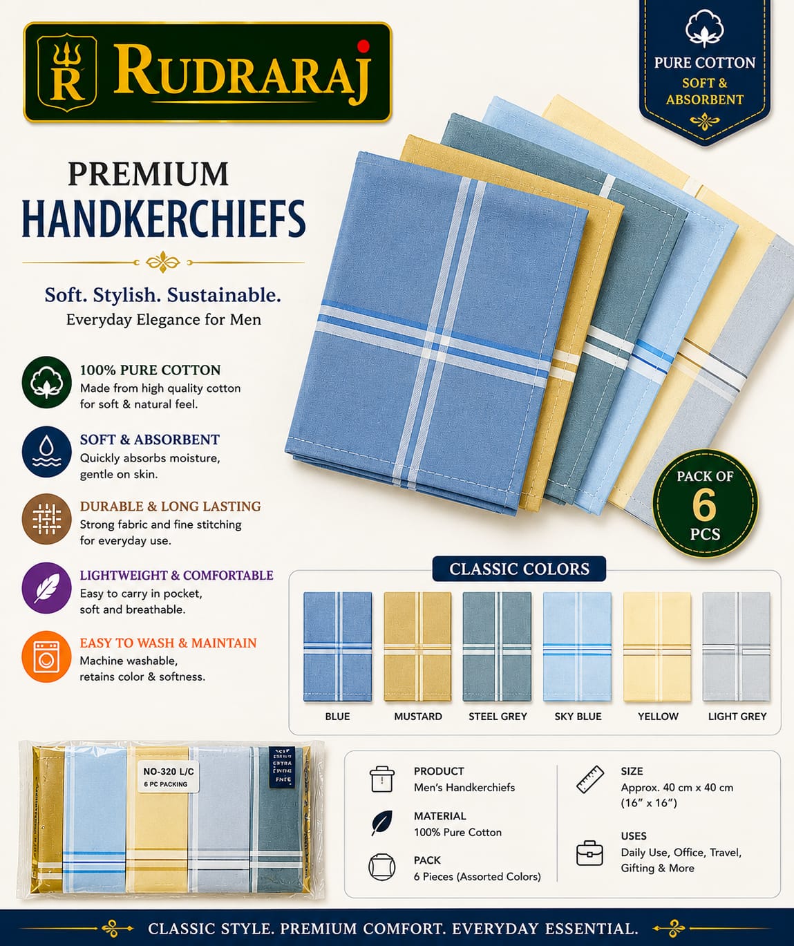Premium Men's Cotton Handkerchiefs – Pack of 6