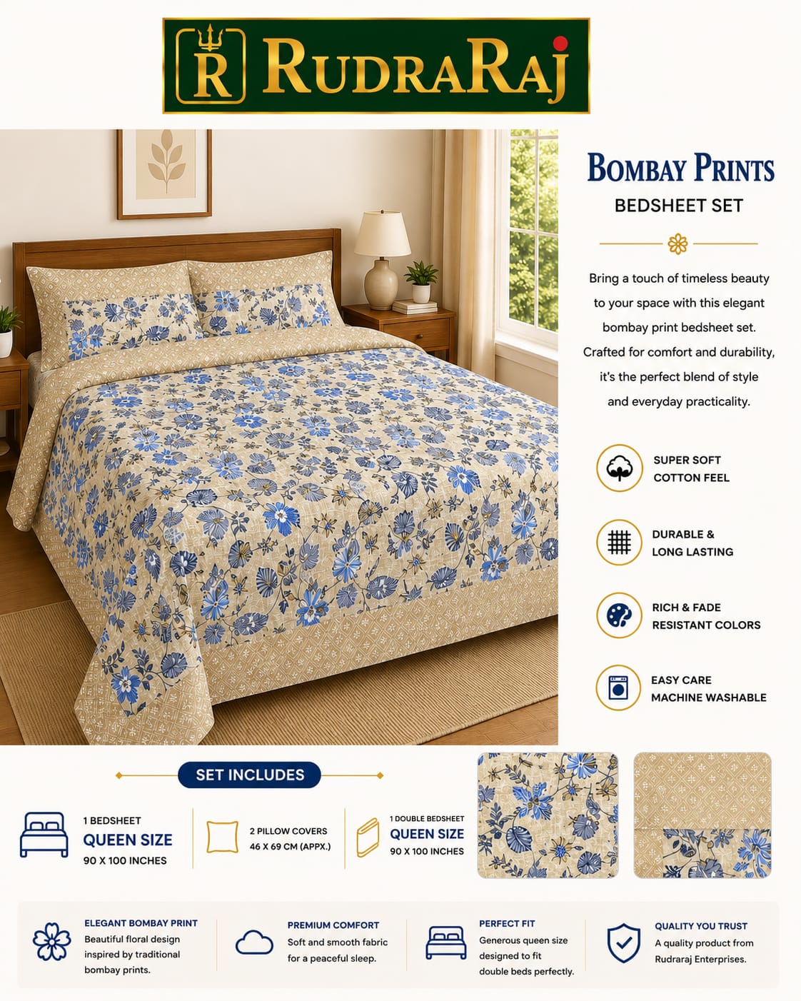 Premium Cotton Bombay Print Queen Size Bedsheet Set