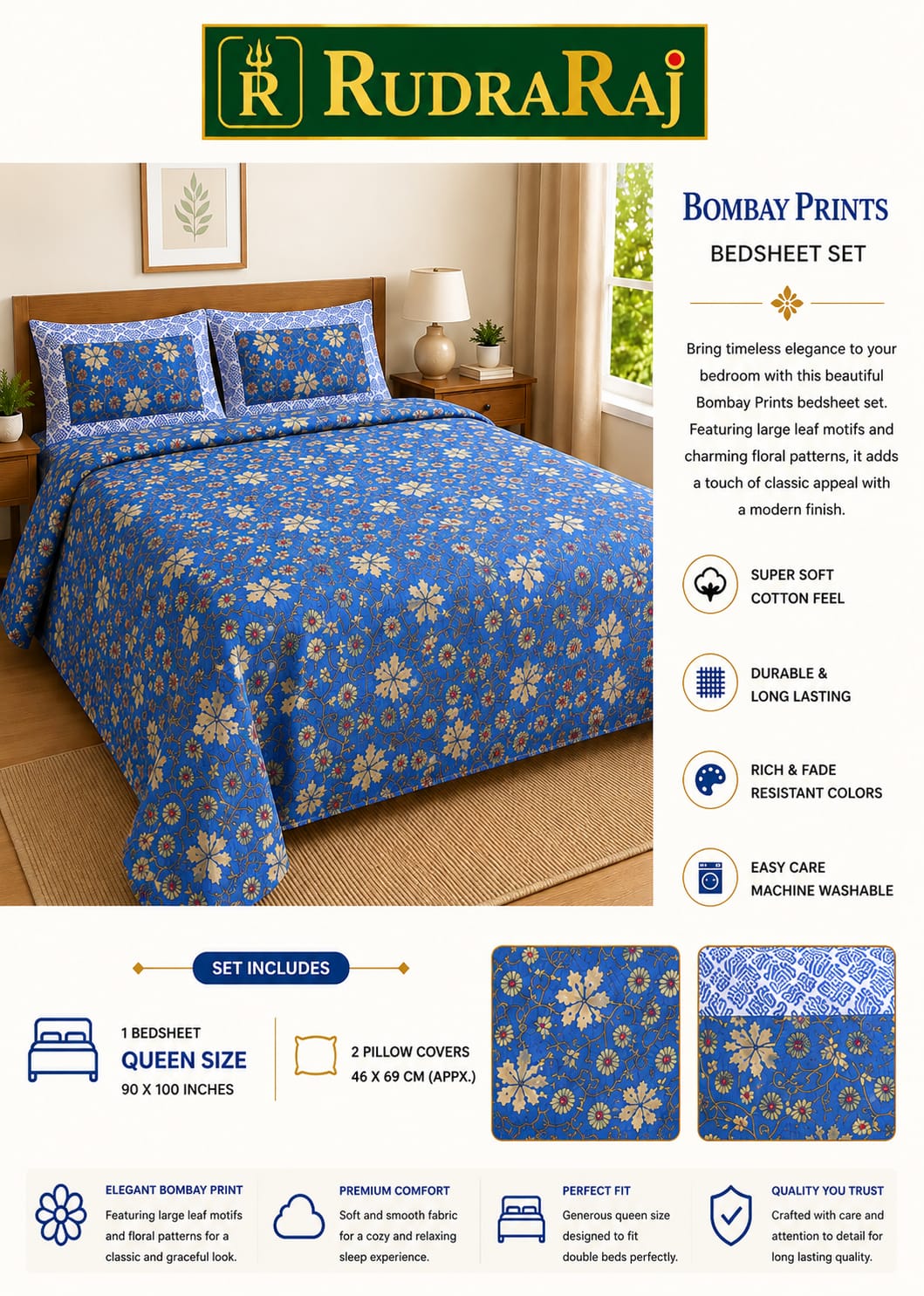 Premium Cotton Bombay Print Queen Size Bedsheet Set