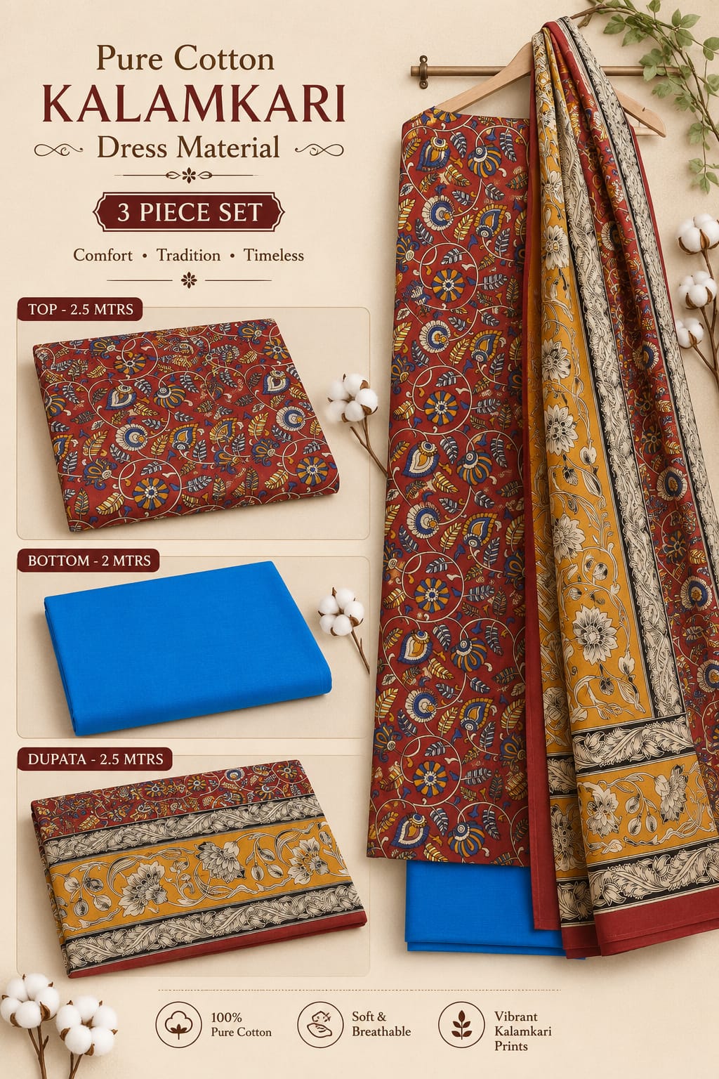 3 PCS PURE COTTON KALAMKARI DRESS MATERIAL