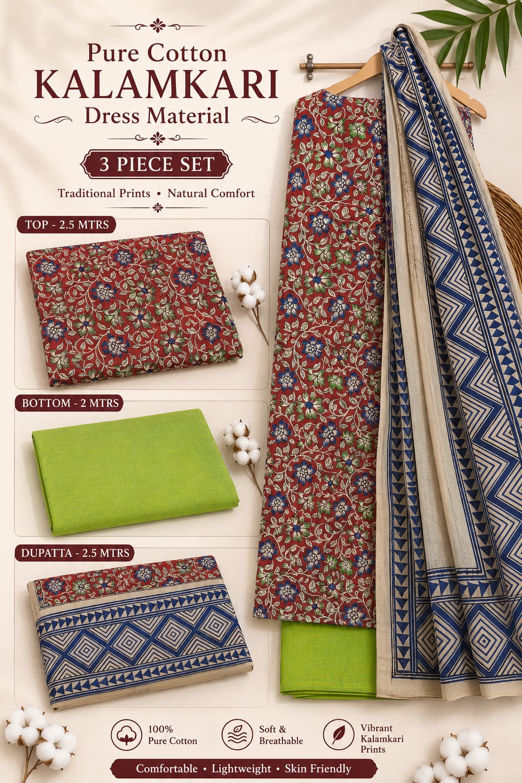 3 PCS PURE COTTON KALAMKARI DRESS MATERIAL