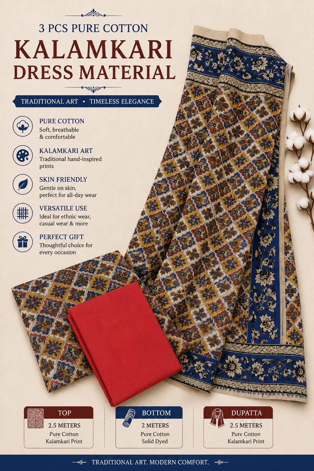 3 PCS PURE COTTON KALAMKARI DRESS MATERIAL