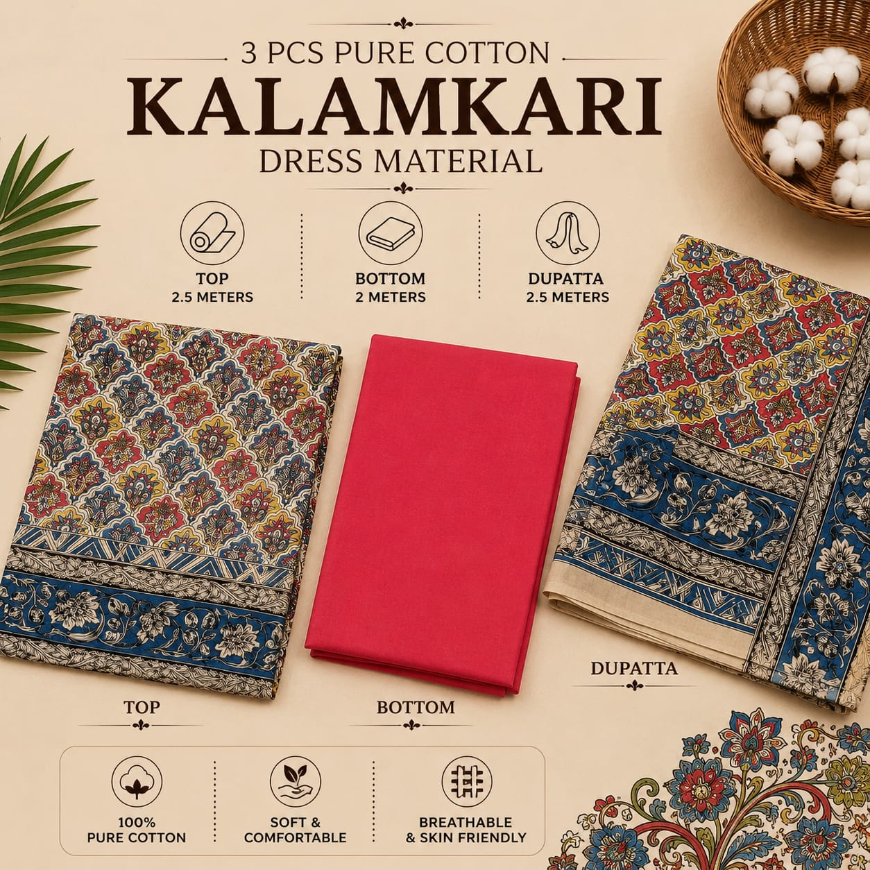 3 PCS PURE COTTON KALAMKARI DRESS MATERIAL
